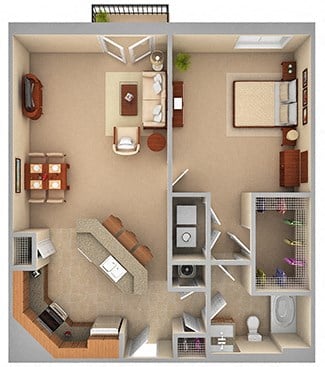 Floor plan for 1 bed, 1 bath, 875 sqft