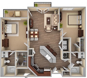 Floor plan for 2 beds, 2 baths, 1068 sqft