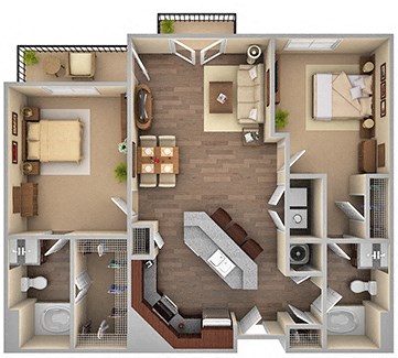 Floor plan for 2 beds, 2 baths, 1083 sqft