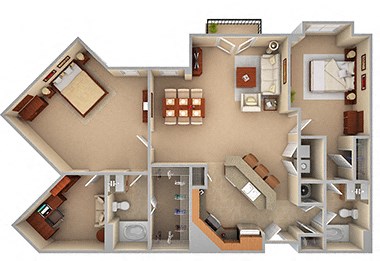 Floor plan for 2 beds, 2 baths, 1400 sqft