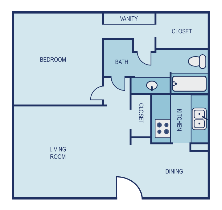 Floor plan for 1 bed, 1 bath, 723 sqft