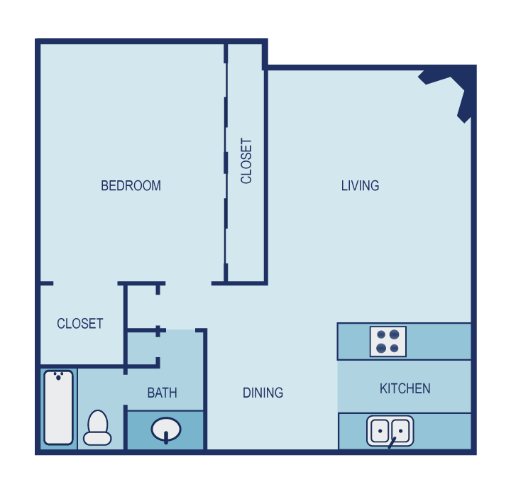 Floor plan for 1 bed, 1 bath, 724 sqft