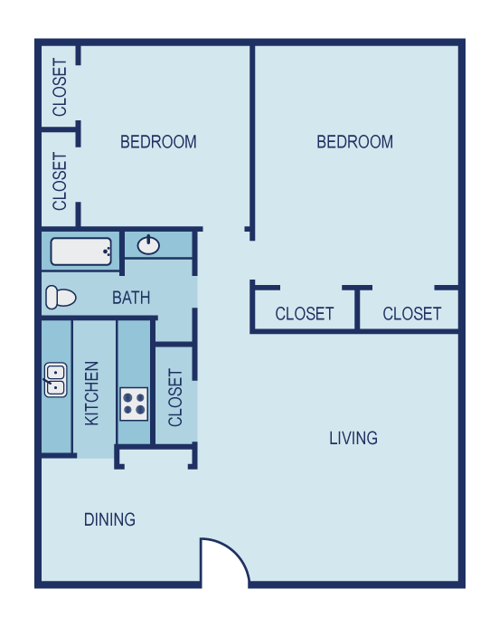 Floor plan for 2 beds, 1 bath, 918 sqft