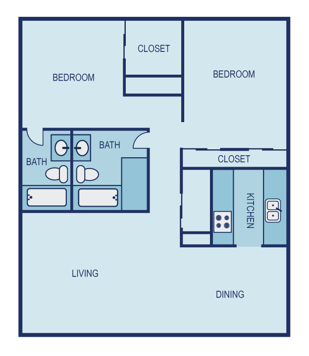 Floor plan for 2 beds, 2 baths, 990 sqft