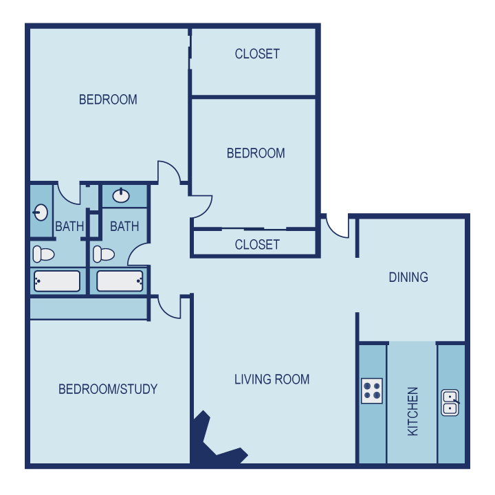Floor plan for 3 beds, 2 baths, 1328 sqft