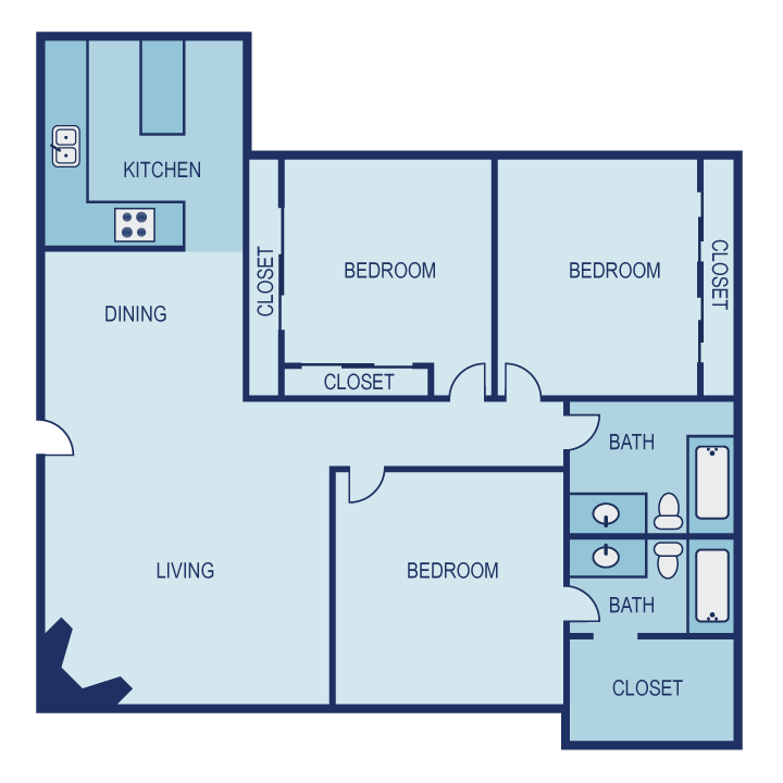 Floor plan for 3 beds, 2 baths, 1285 sqft