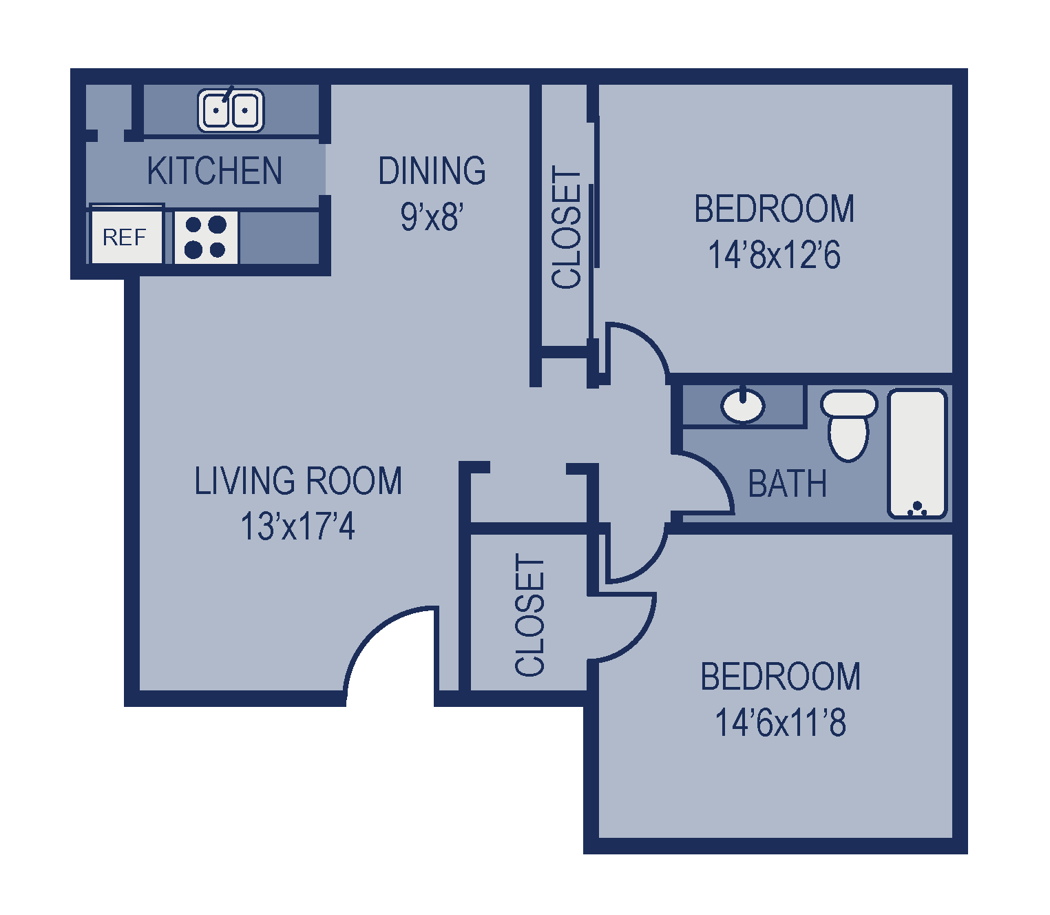 Floor plan for 2 beds, 1 bath, 932 sqft