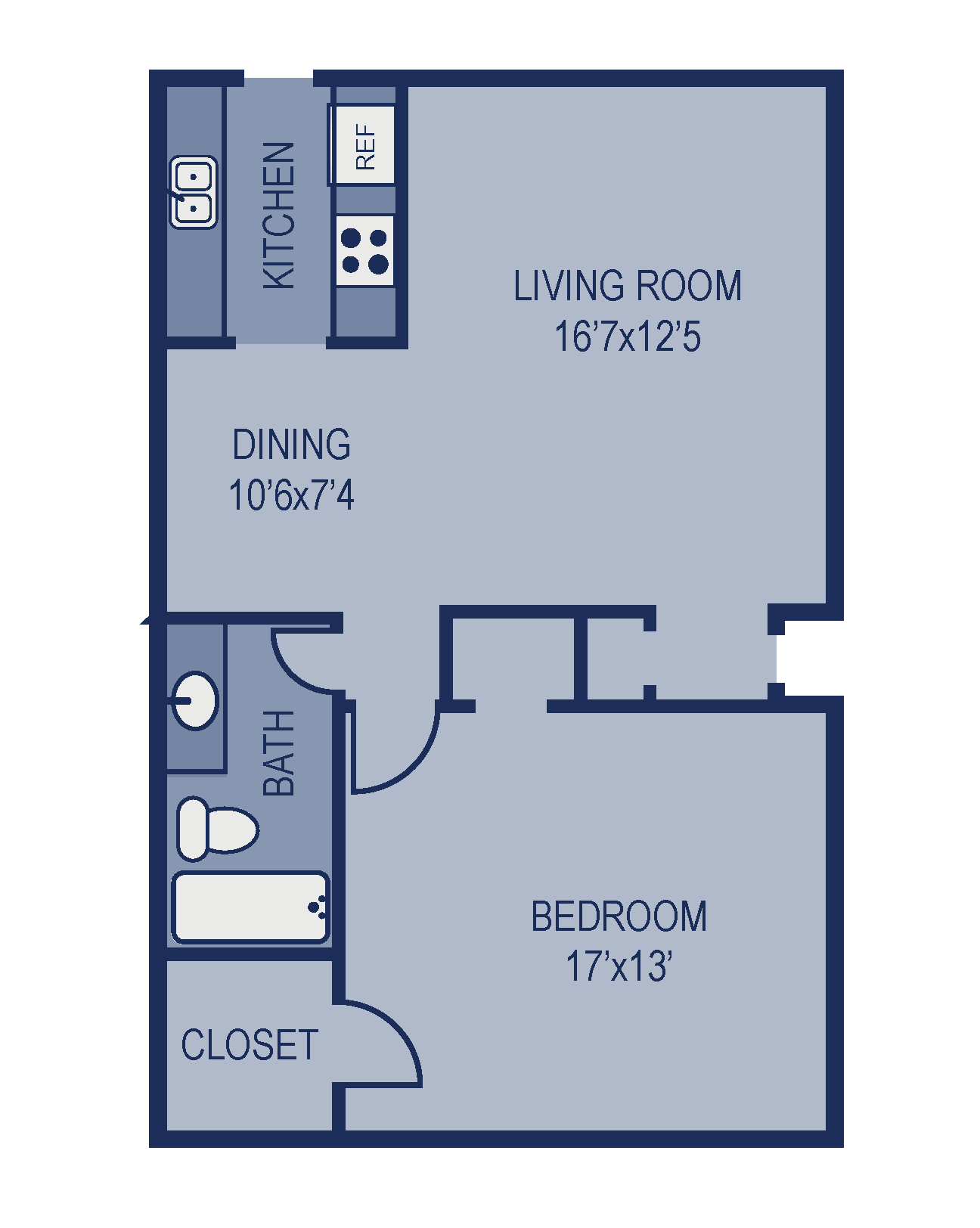 Floor plan for 1 bed, 1 bath, 770 sqft