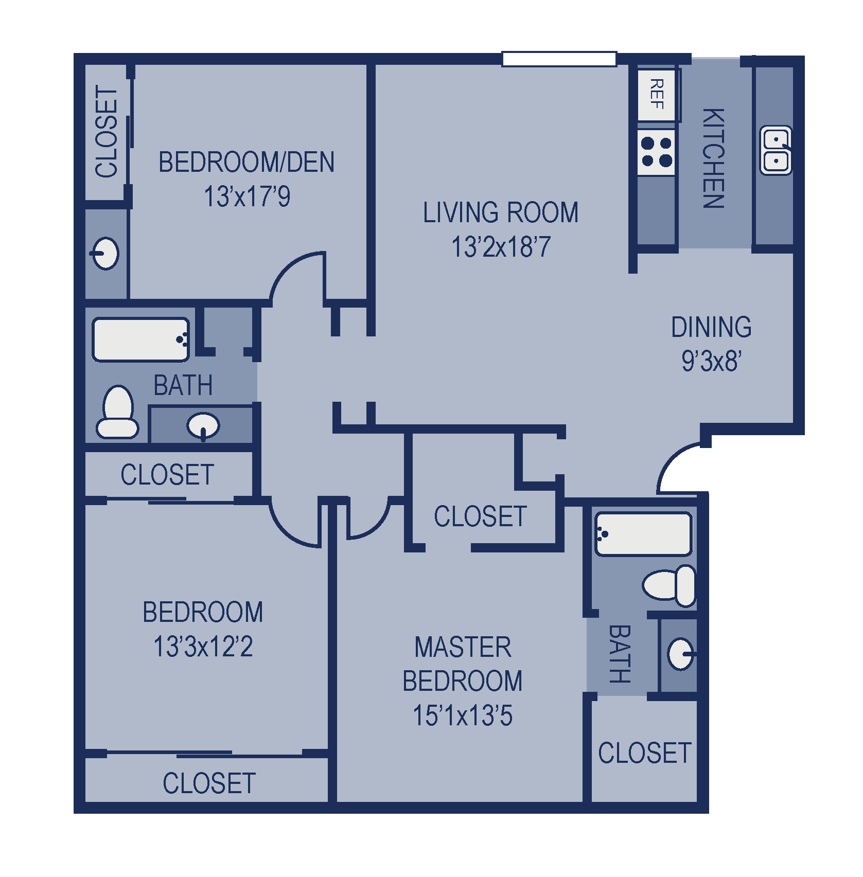 Floor plan for 3 beds, 2 baths, 1292 sqft