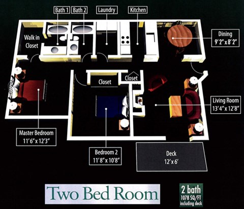 Floor plan for 2 beds, 2 baths, 1078 sqft
