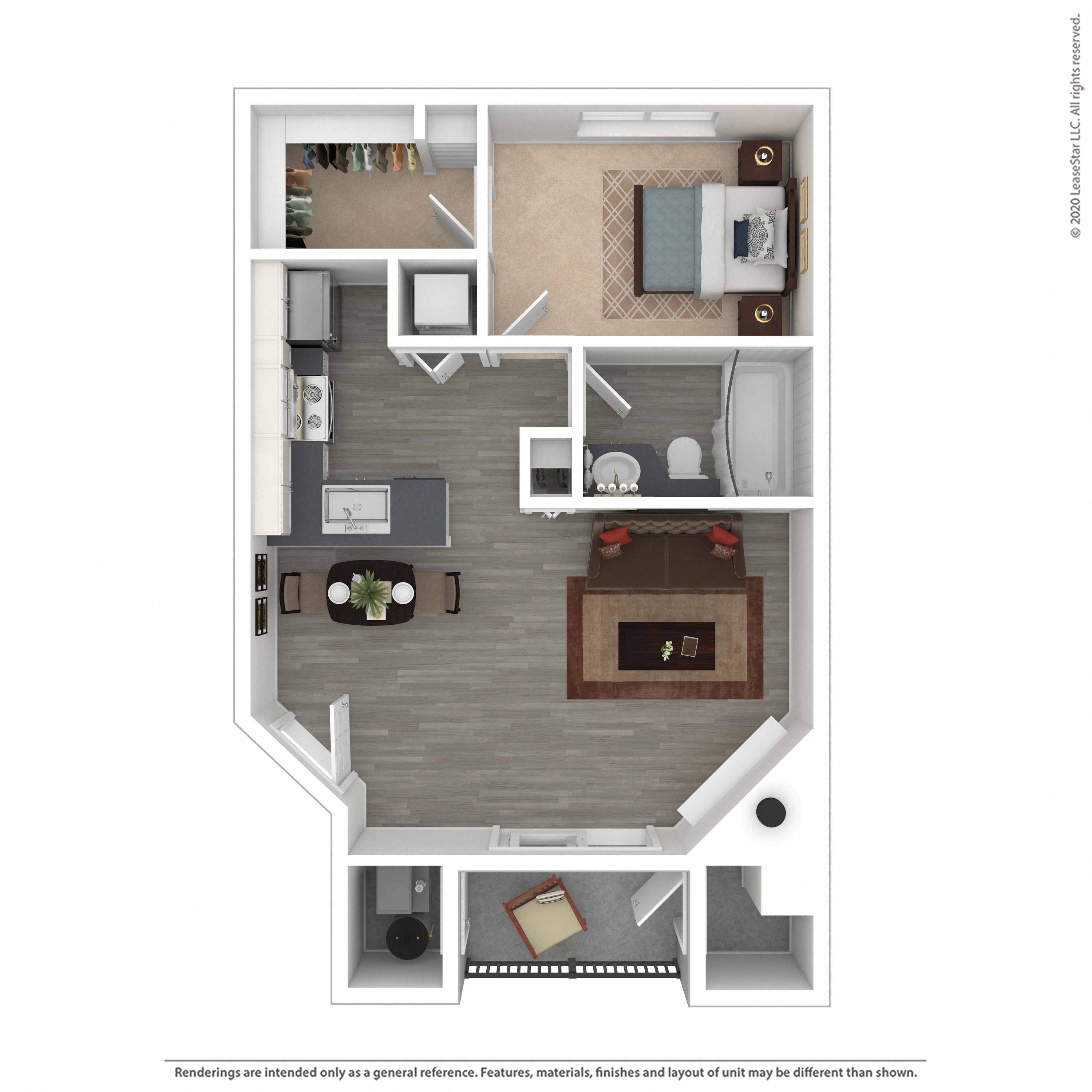 Floor plan for 1 bed, 1 bath, 601 sqft