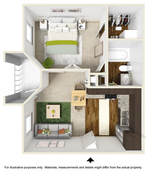 Floor plan for 1 bed, 1 bath, 437 sqft