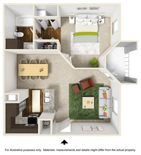 Floor plan for 1 bed, 1 bath, 564 sqft