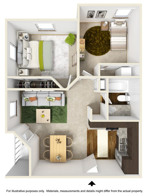 Floor plan for 2 beds, 1 bath, 626 sqft
