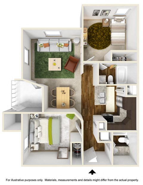 Floor plan for 2 beds, 2 baths, 828 sqft