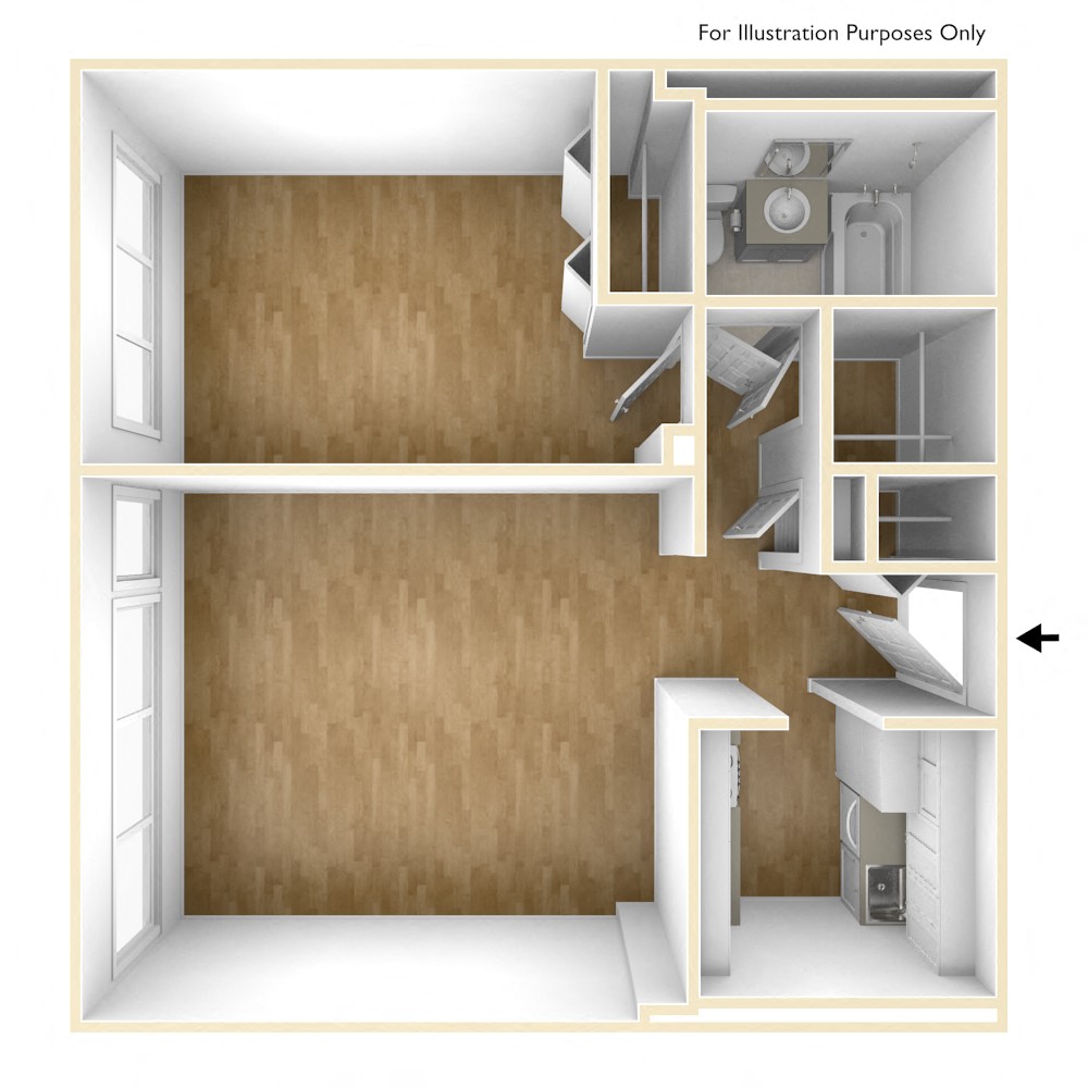 Floor plan for 1 bed, 1 bath, 648 sqft