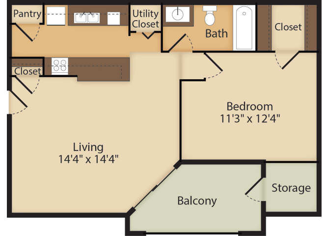 Floor plan for 1 bed, 1 bath, 701 sqft