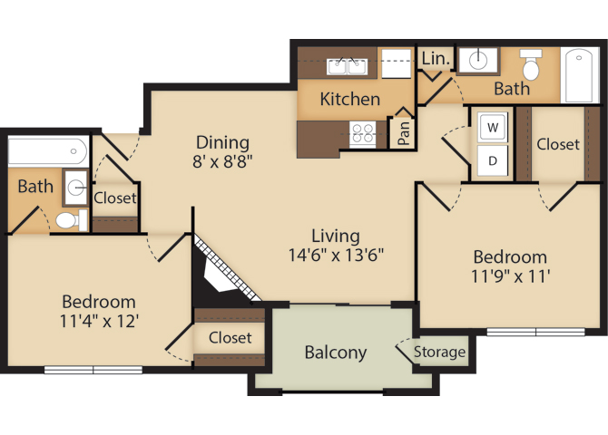 Floor plan for 2 beds, 2 baths, 925 sqft
