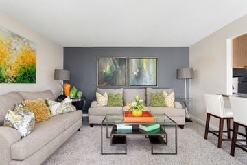 Louisville apartment for rent - A living room with a grey couch, a glass coffee table, and a painting on the wall.