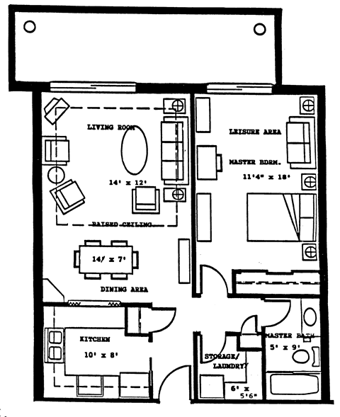 Floor plan for 1 bed, 1 bath, 750 sqft