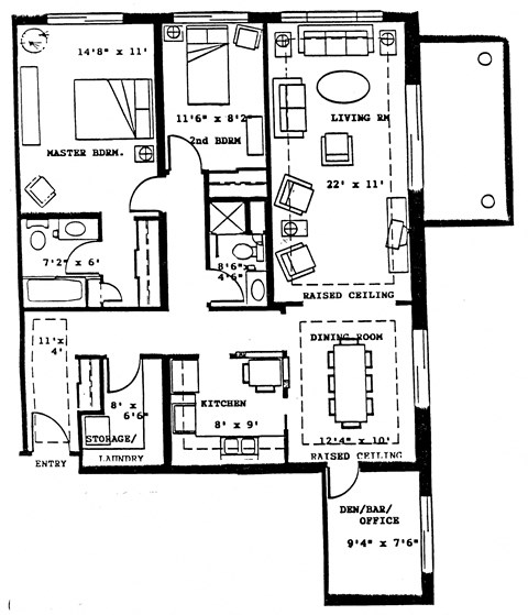 Floor plan for 2 beds, 2 baths, 1243 sqft