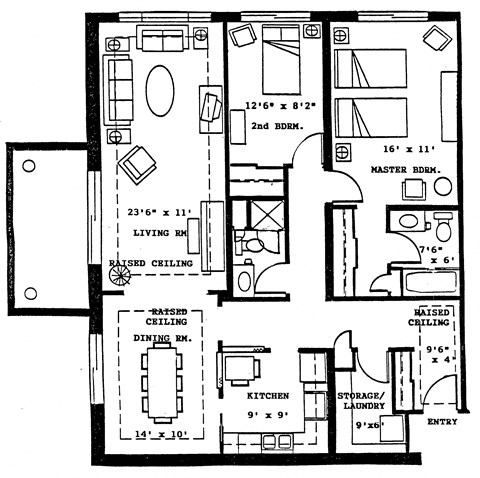 Floor plan for 2 beds, 2 baths, 1172 sqft