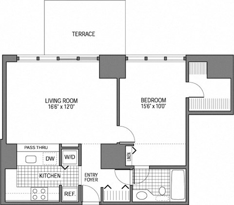 Floor plan for 1 bed, 1 bath, 835 sqft