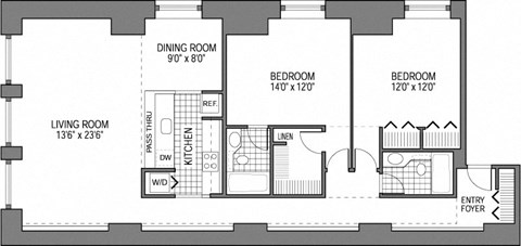 Floor plan for 2 beds, 2 baths, 1250 sqft