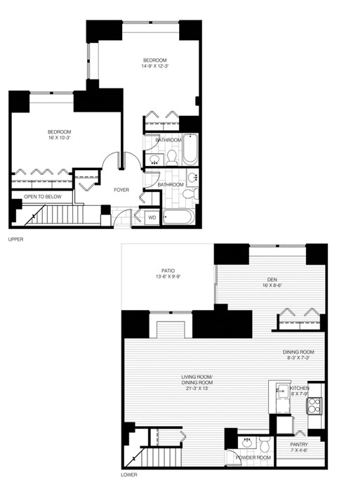 Floor plan for 2 beds, 2.5 baths, 1430 sqft