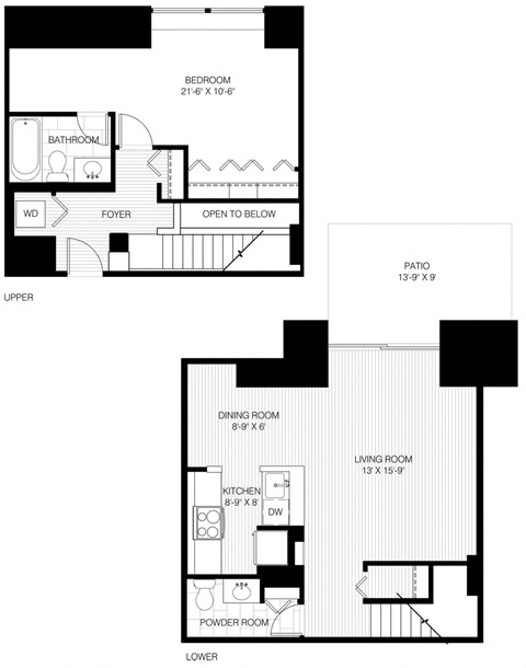 Floor plan for 1 bed, 1.5 baths, 900 sqft