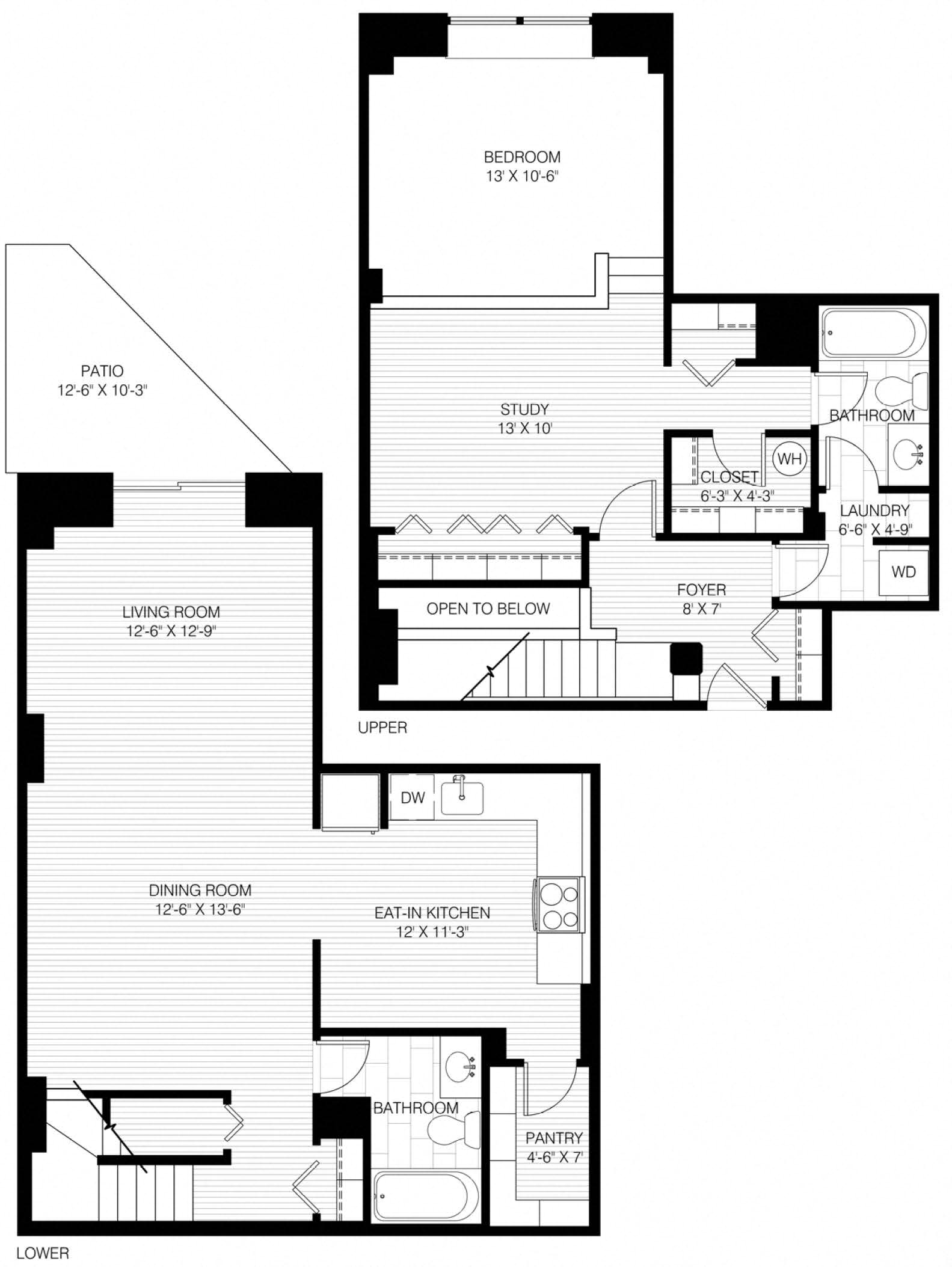 Floor plan for 1 bed, 2 baths, 1250 sqft