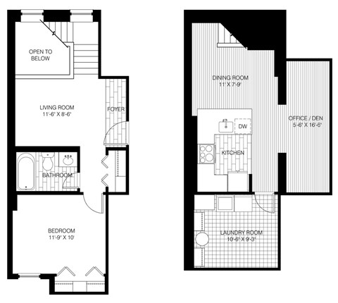 Floor plan for 1 bed, 1 bath, 890 sqft