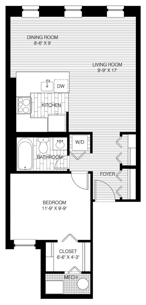 Floor plan for 1 bed, 1 bath, 610 sqft