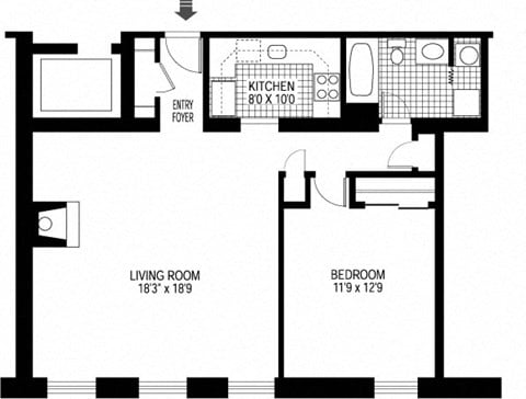 Floor plan for 1 bed, 1 bath, 847 sqft