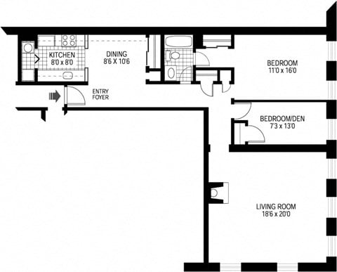 Floor plan for 2 beds, 1 bath, 1441 sqft