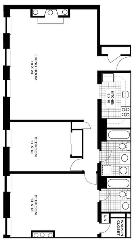 Floor plan for 2 beds, 2 baths, 1348 sqft