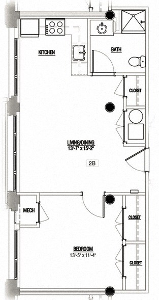 Floor plan for 1 bed, 1 bath, 593 sqft