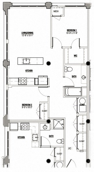Floor plan for 2 beds, 1 bath, 1023 sqft