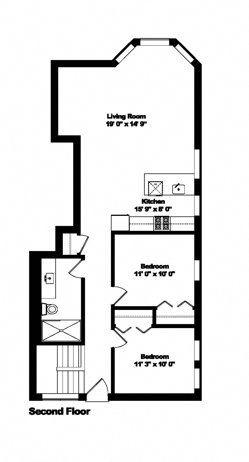 Floor plan for 2 beds, 1 bath, 900 sqft
