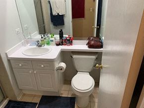 Chicago apartment for rent - a bathroom with a toilet and a sink and a mirror
