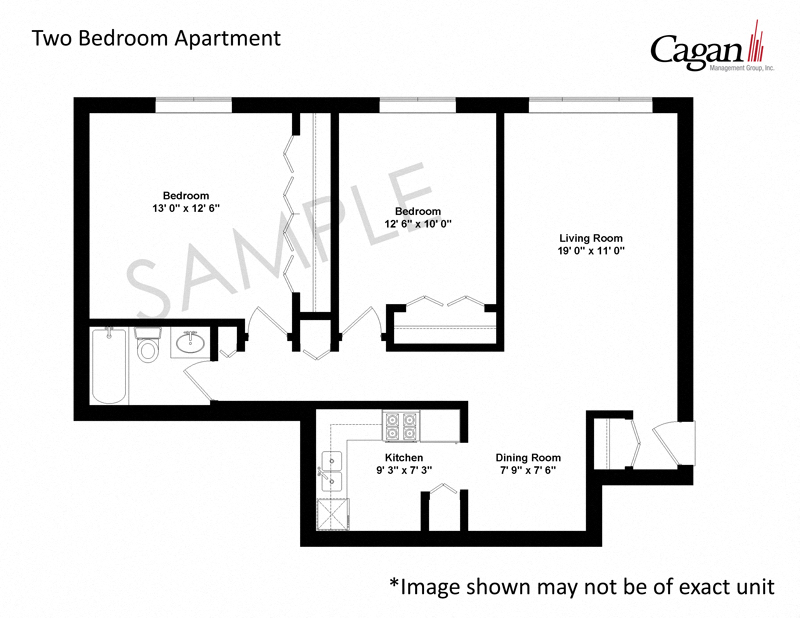 Floor plan for 2 beds, 1 bath, 625 sqft