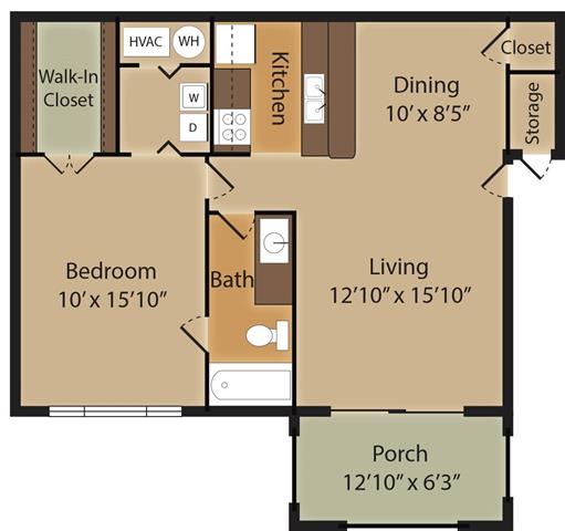 Floor plan for 1 bed, 1 bath, 804 sqft