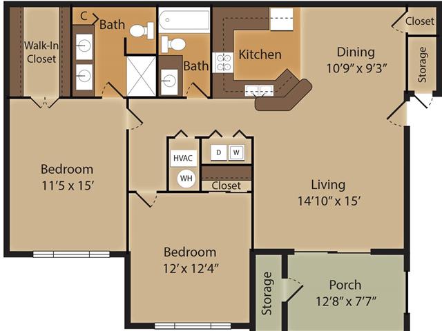 Floor plan for 2 beds, 2 baths, 1142 sqft