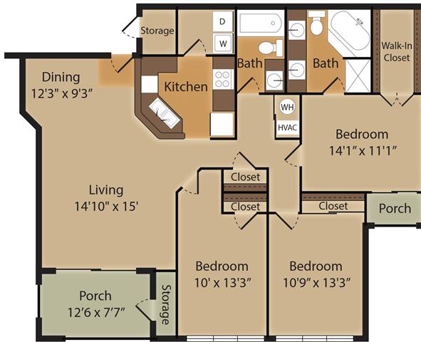 Floor plan for 3 beds, 2 baths, 1408 sqft
