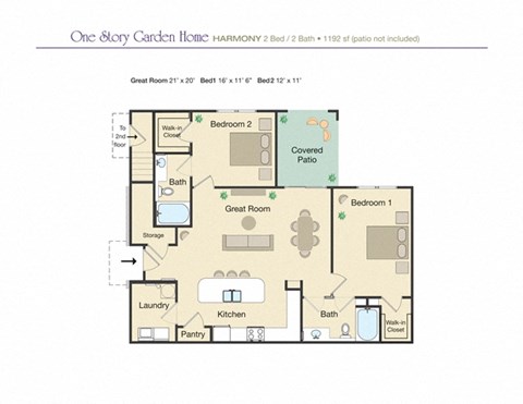 Floor plan for 2 beds, 2 baths, 1240 sqft