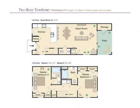 Floor plan for 2 beds, 2.5 baths, 1265 sqft