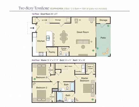 Floor plan for 3 beds, 2.5 baths, 1591 sqft