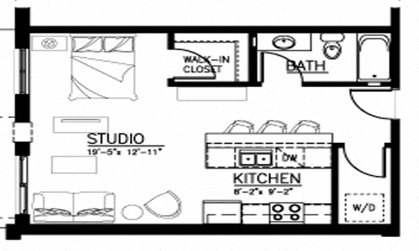 Floor plan for studio, 1 bath, 651 sqft