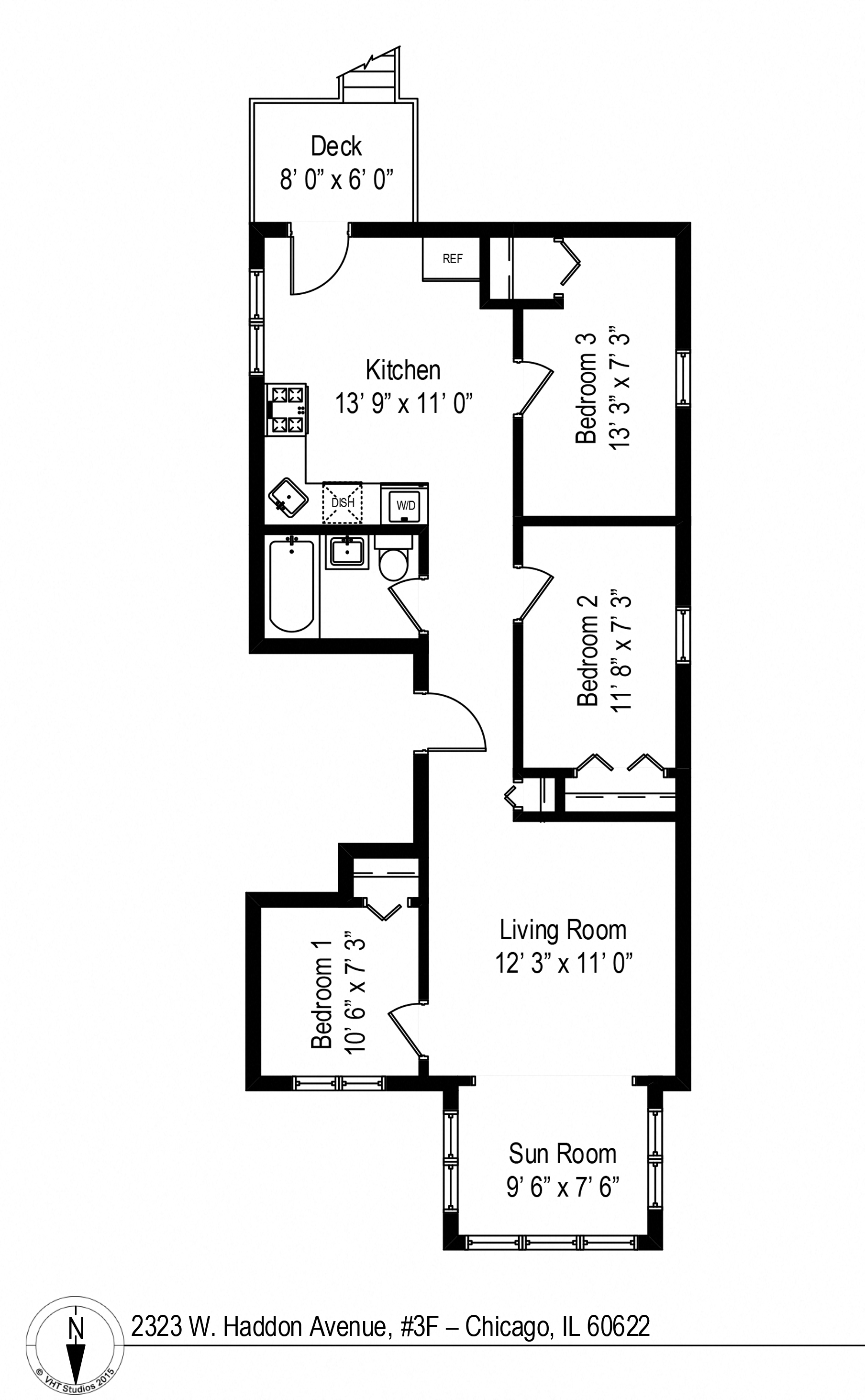 Floor plan for 3 beds, 1 bath