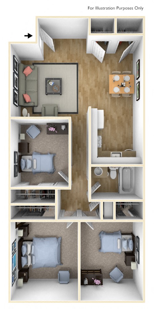 Floor plan for 3 beds, 1 bath, 865 sqft